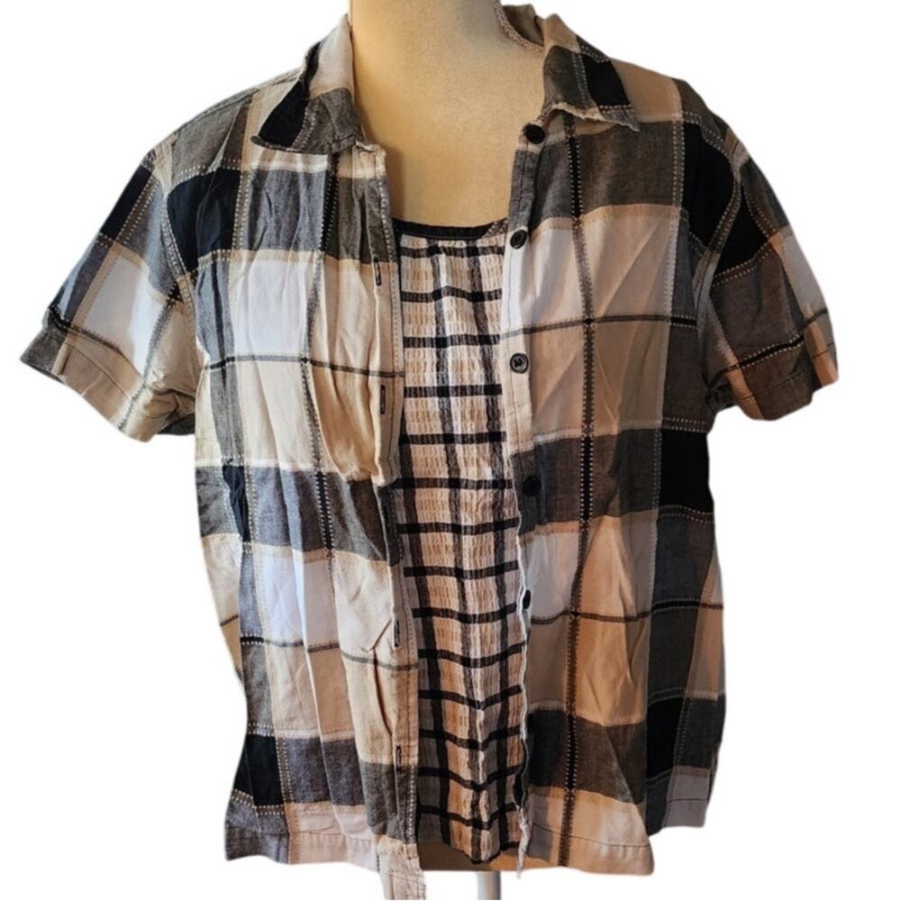 Great Northwest Black Tan Plaid Button Down 2pc Tank and Shirt 90s XL